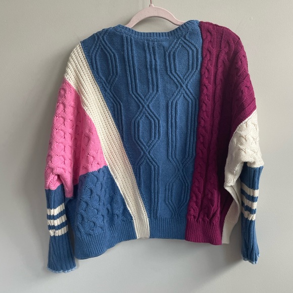 Anthropologie Maeve Colorblock Cable Knit Sweater Oversized Pink Blue Burgundy - Picture 10 of 11